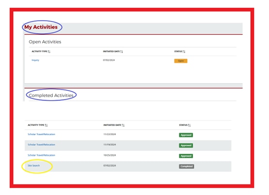 A screenshot of My BHW showing the "My Activities" section with "Completed Activities" and "Site Search" circled.
