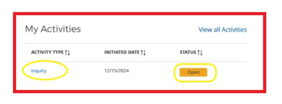 A screenshot of the My Activities section of My BHW with "Inquiry" and "Open" circled.