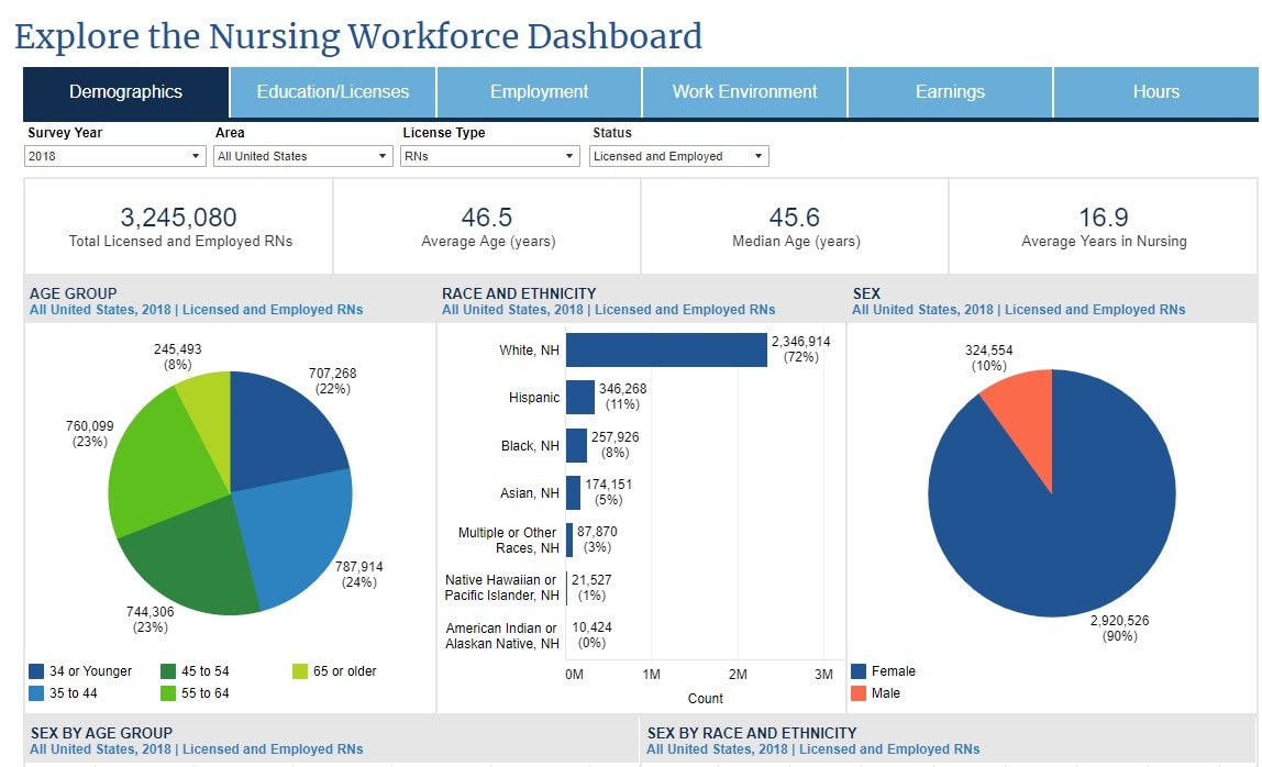 The Nursing Workforce Dashboard showing the demographics tab for 2018.