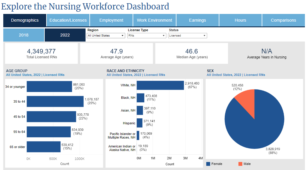 The Nursing Workforce Dashboard showing the demographics tab for 2022.