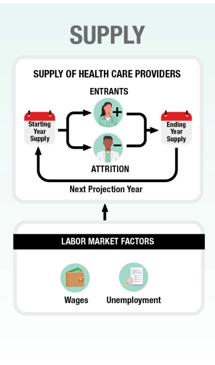 A visual representation of how the supply of health care providers is projected, as explained in the accompanying text.