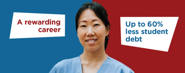 A woman in scrubs smiles at the camera. Text reads, "A rewarding career. Up to 60% less student debt."